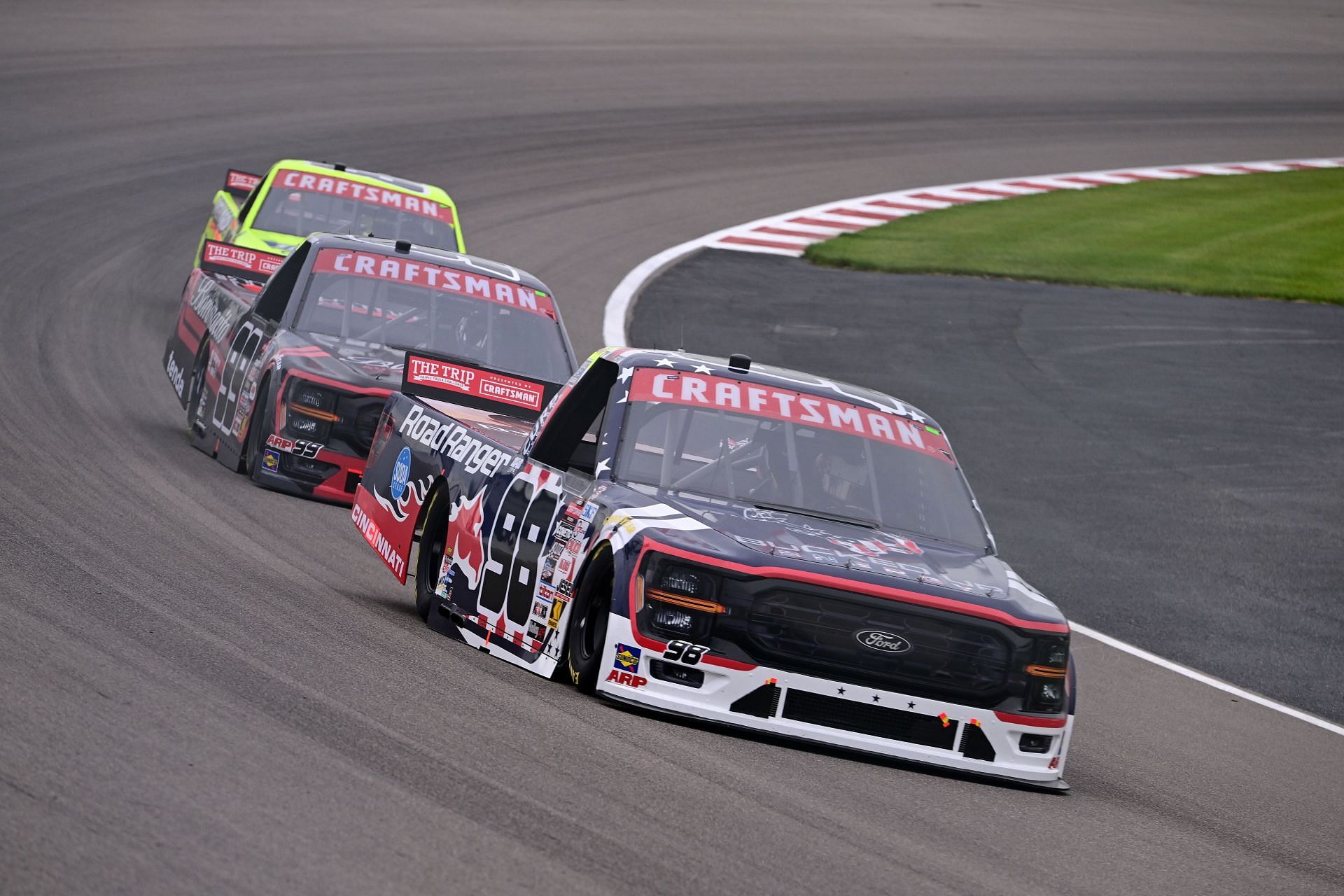 Ty Majeski (#98), Ben Rhodes (#99), and Matt Crafton (#88) during NASCAR Truck practice. Source: Getty